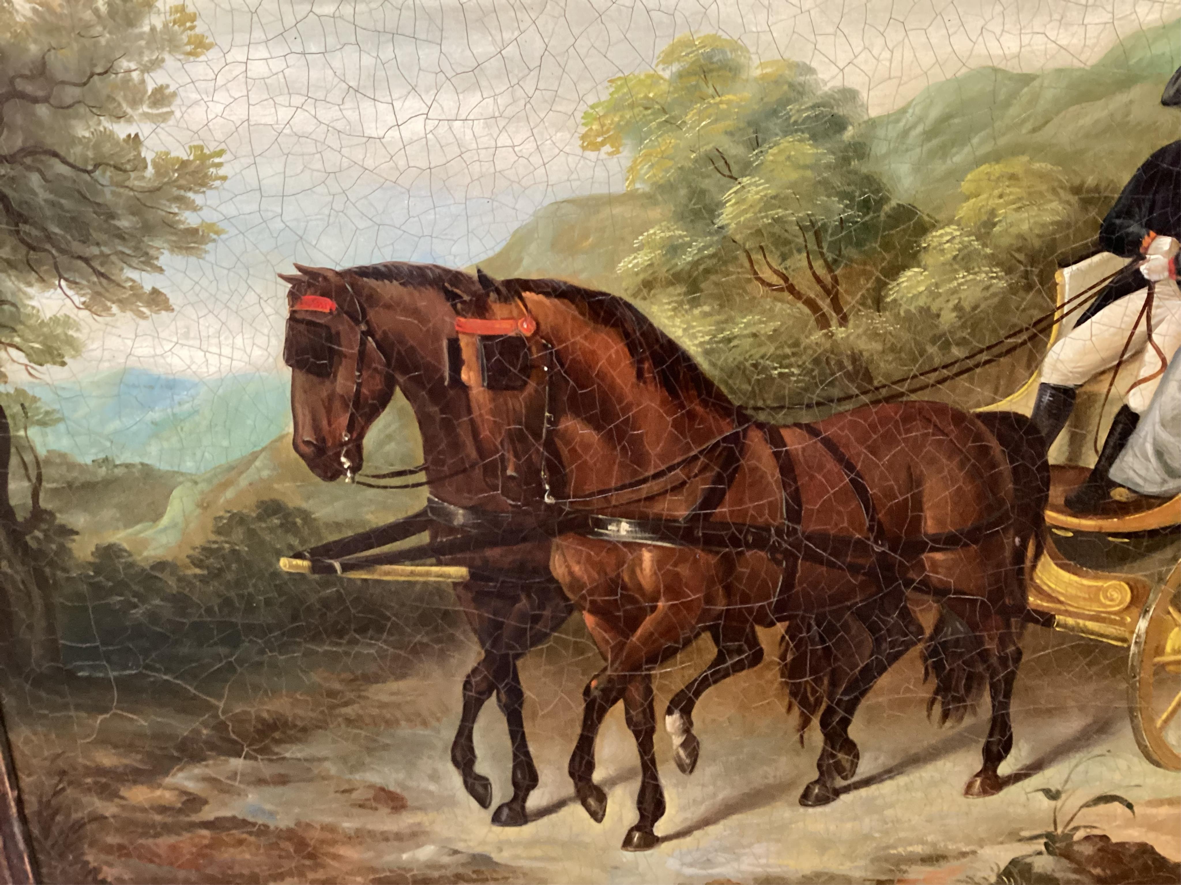 19th century, oil on canvas, Horse drawn carriage, unsigned, 39 x 49cm. Condition - poor